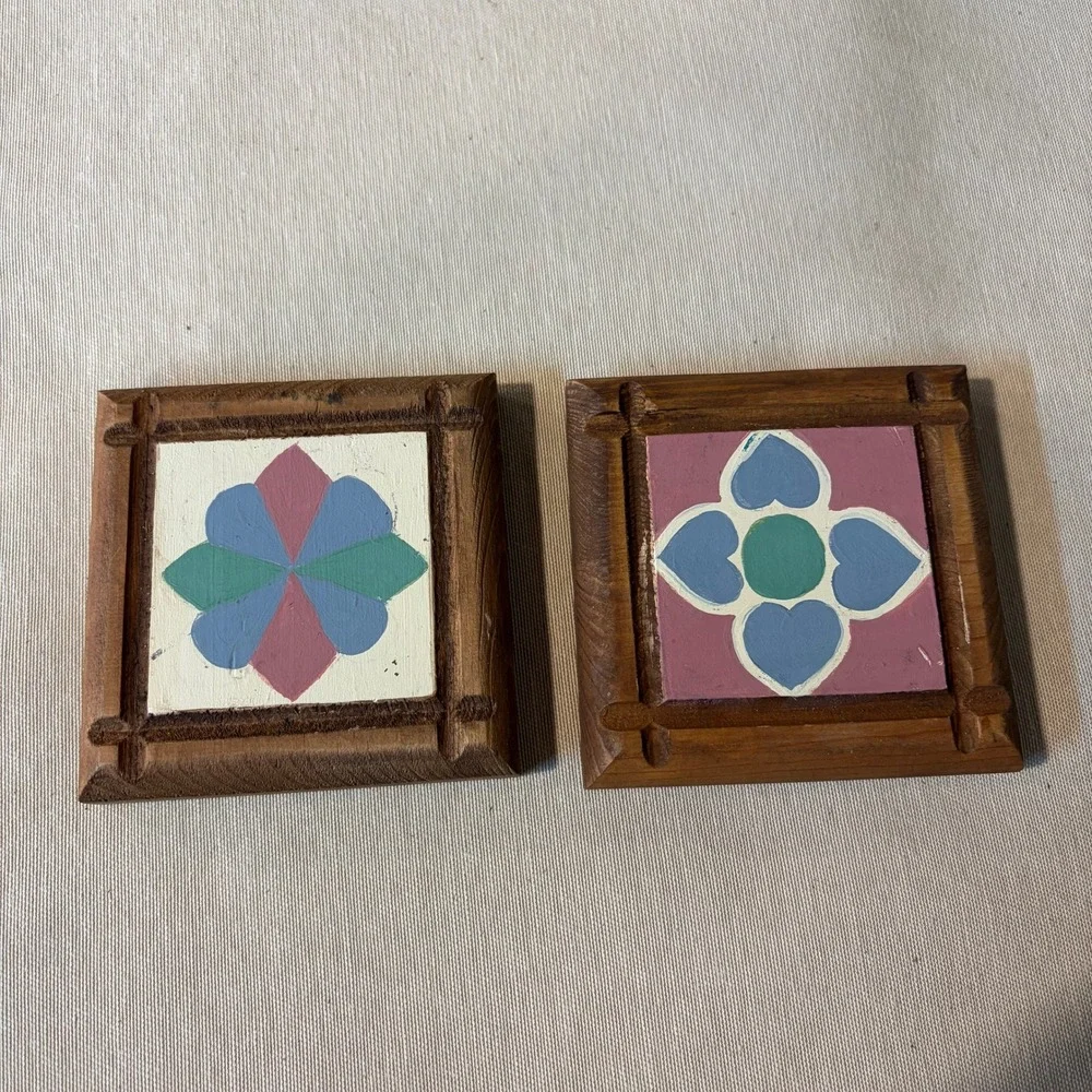 Vintage Hand Painted Wood‎ Floral Wall Art Plaques Set of 2 Folk Art Decor Small